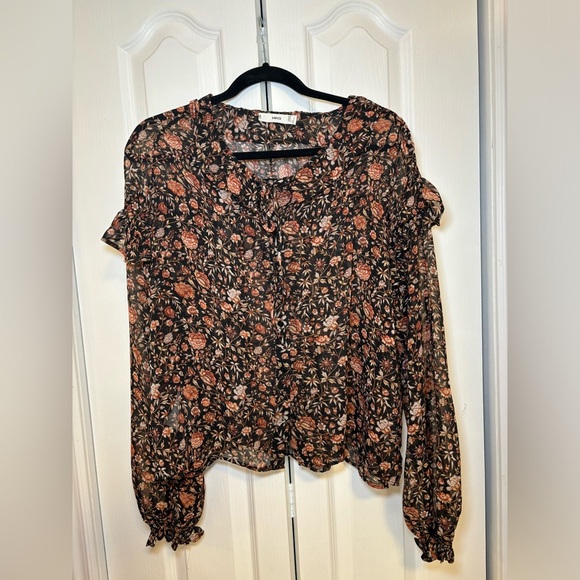 MNG Mango - Business Casual Black and Orange Floral Long Sleeve Blouse in Size L - Picture 1 of 9
